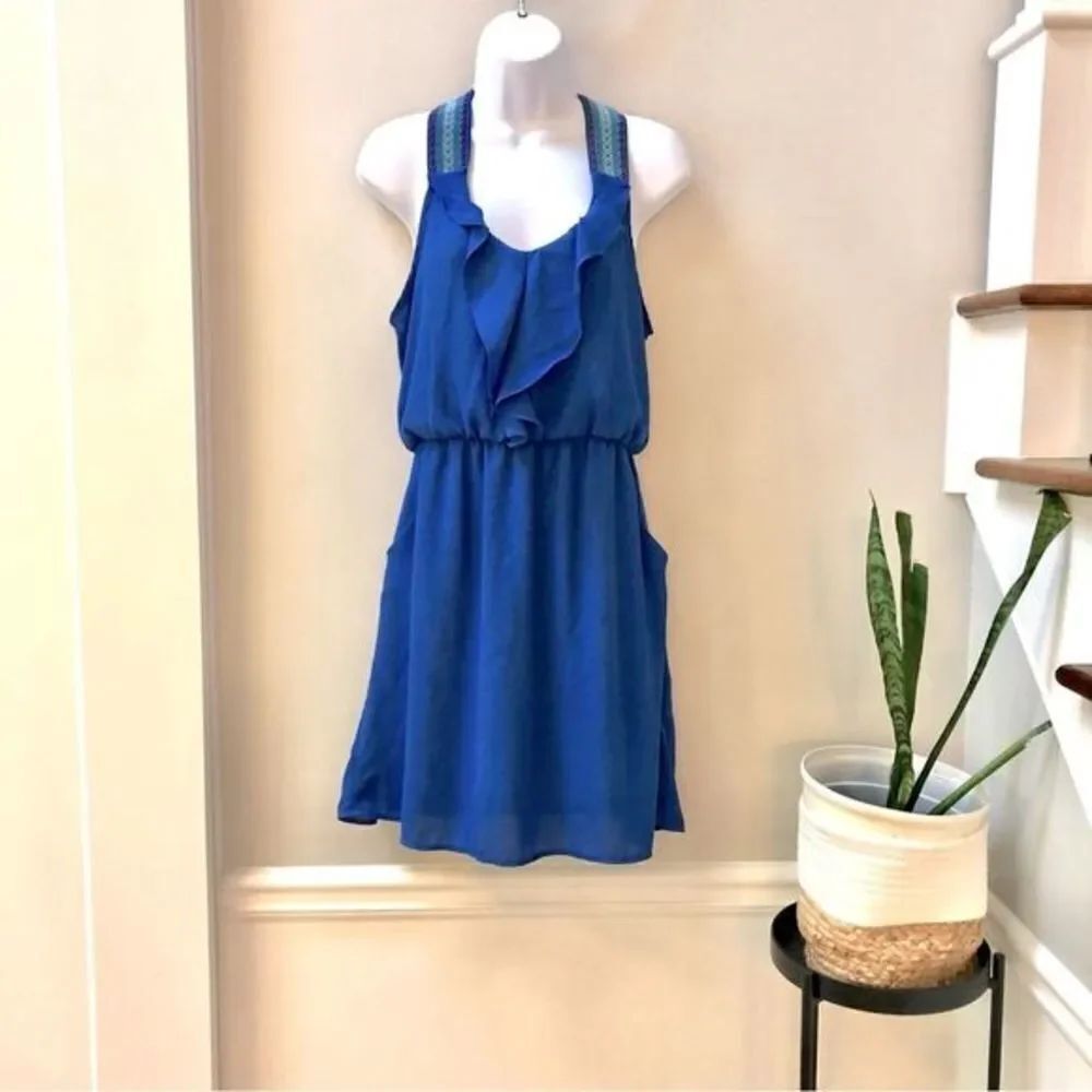 Xhilaration blue racerback mini dress colorful stitch straps woman’s size m